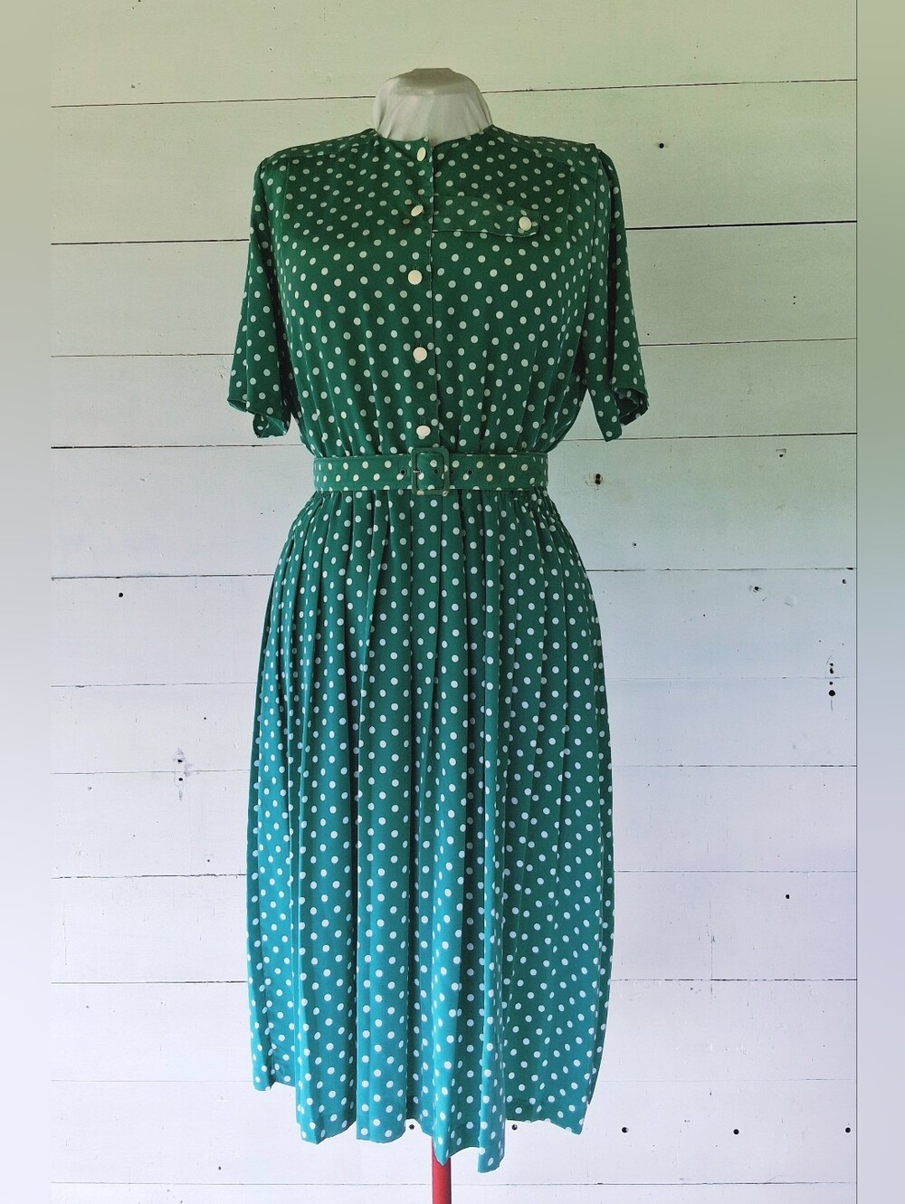 Vintage 1980s Dress Teal Green Polka Dot Serbin Plus Size